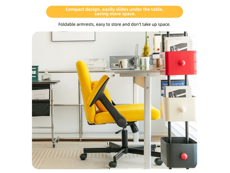  Chaise de bureau en velours jaune, réglable en hauteur, accoudoirs pliables et roulettes silencieuses  - Conforama D