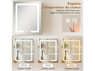 Armoire murale salle de bain avec miroir et éclairage led, anti-buée, 50 x 15 x 60 cm, étagères réglables, blanc