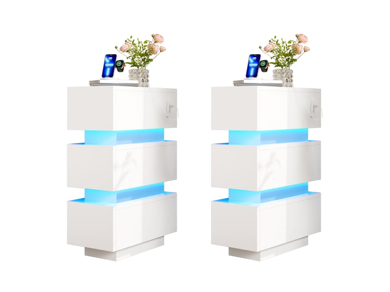  Lot de 2 tables de chevet 20x40x59,5 cm à 3 tiroirs led blanc  - Conforama A
