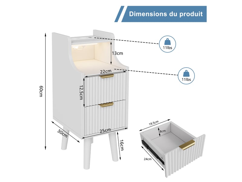  Lot de 2 tables de chevet blanches à 2 tiroirs, finition cannelée, bandeau led 3 couleurs, station de charge eu, rangement ouvert, pieds en bois, table d’appoint multifonction  - Conforama E