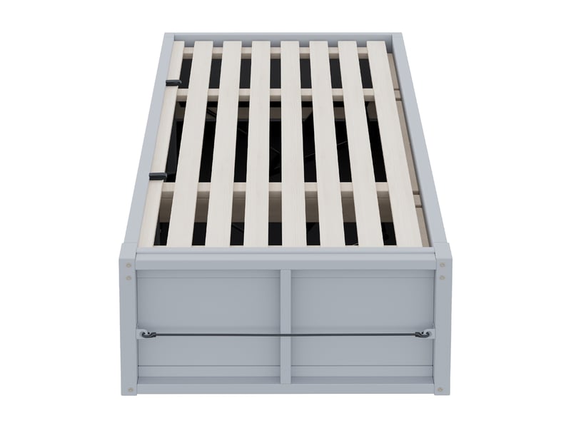  Lit coffre enfant 90x200 cm avec rangement, tableau à craie et panneau en feutrine, pin et mdf, gris, sans matelas  - Conforama D