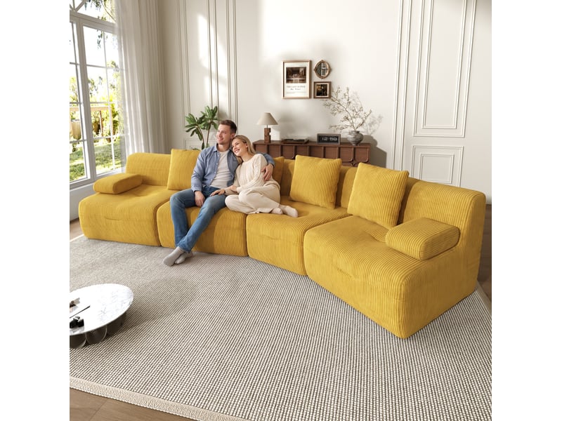 Canapé modulable 4 places 311 x 90 x 65 cm, jaune vif en velours côtelé, 4 modules sans montage pour salon - Conforama B