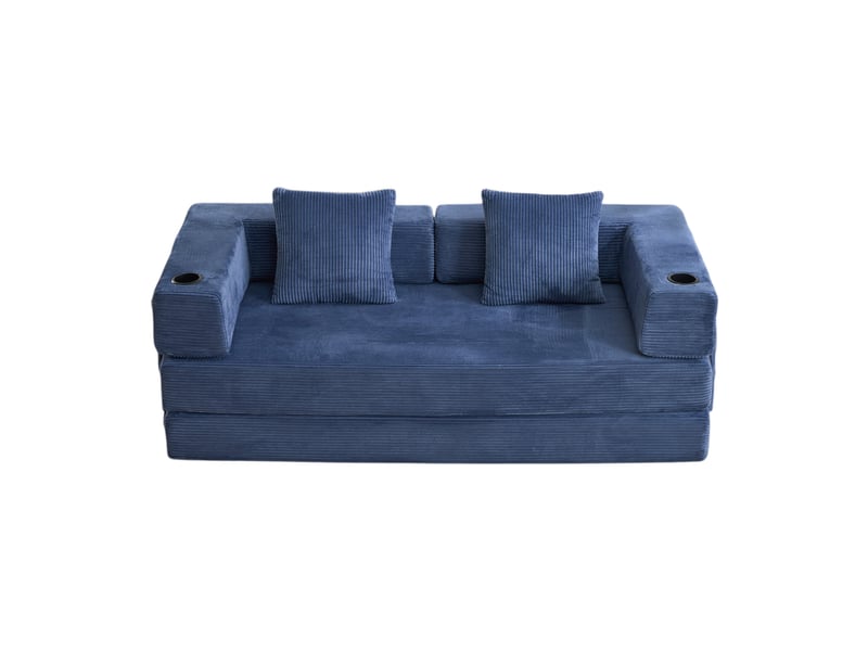  Canapé convertible pliable avec dossier rabattable, poches latérales et porte-gobelets, en velours côtelé bleu foncé  - Conforama A