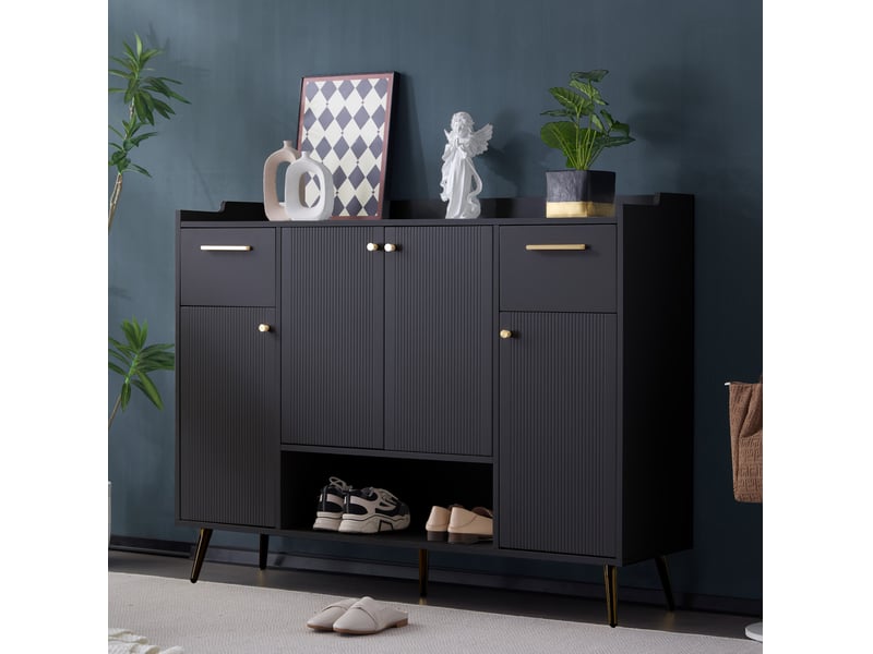  Meuble à chaussures tcqpz 130 x 37 x 100 cm avec 2 tiroirs, 4 portes et niche ouverte, poignées en métal, panneau de particules, noir  - Conforama D