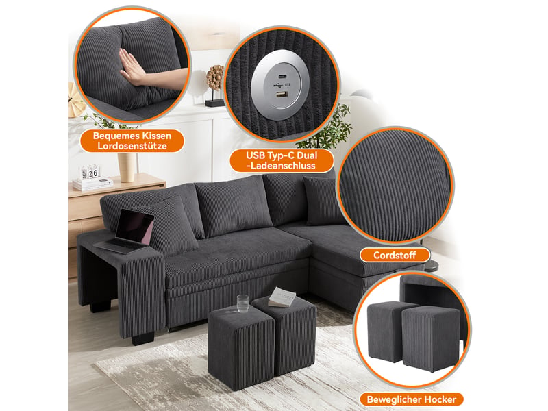 Canapé d'angle convertible 3 places en velours côtelé gris avec coffre et coussins inclus - Conforama E