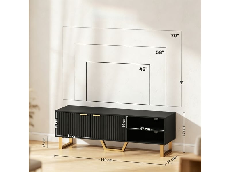  Meuble tv meuble de salon à portes rainurées compatible téléviseur jusqu’à 70 pouces deux portes rainurées compartiment ouvert et passe-câbles intégré  - Conforama C