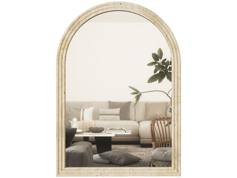  Miroir mural arqué, miroir moderne avec bord rainuré et crochets, 50 x 70 cm, verre trempé et polystyrène, beige  - Conforama B