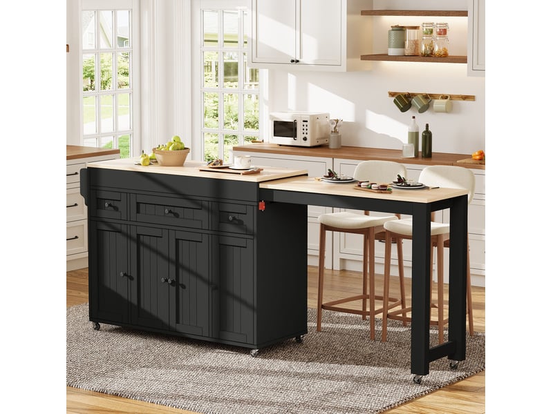  Îlot de cuisine mobile extensible 137-190,6 cm avec 3 tiroirs, noir et naturel  - Conforama D