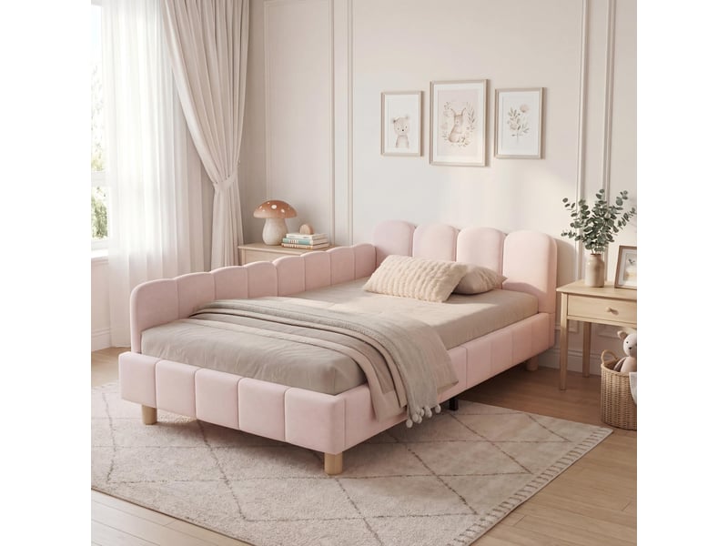  Lit 90x200 cm avec tête de lit rembourrée, lit d'enfant en velours bouclé, lit simple avec pieds en bois massif, couleur rose  - Conforama W