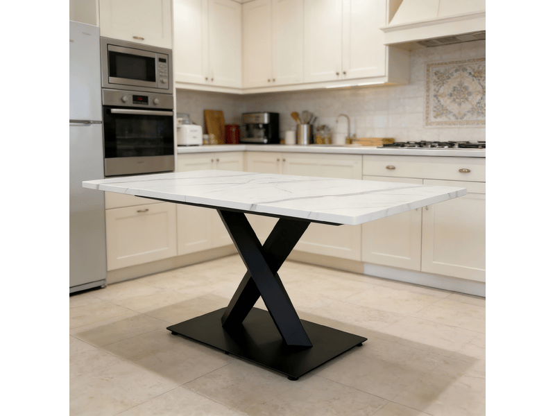 Table à manger rectangulaire 6 à 8 places - lpospi - pieds en x, style ferme, mdf et métal - blanc et noir - Conforama C
