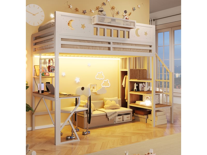  Lit mezzanine 90x200 cm, lit enfant, bureau, panneau perforé, étagères, barrière antichute, port usb, bois et métal blanc  - Conforama D