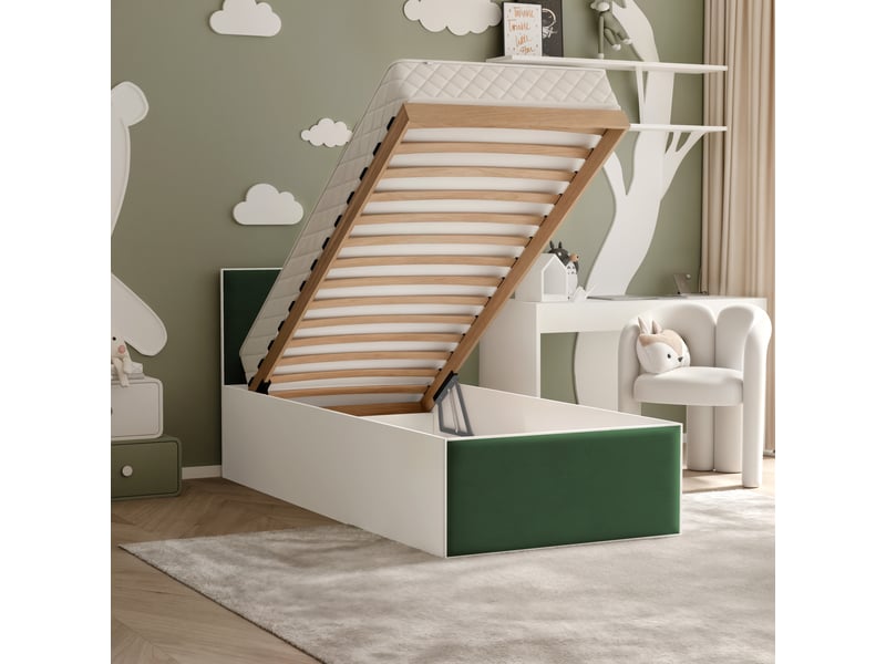 Lit coffre sashi - 90x200 cm - avec matelas - tissu velours - blanc vert foncé SASHI - Conforama C