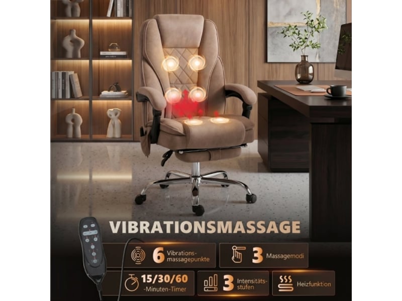 Chaise de bureau ergonomique massante avec repose-pieds, pivotante, à roulettes, marron - Conforama B