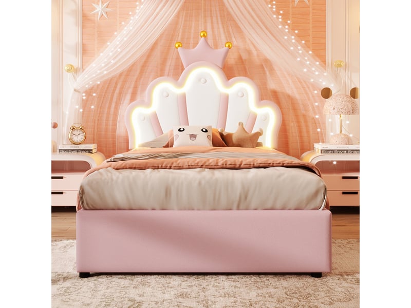 Lit coffre jeune 90x200 cm avec tête de lit réglable, led et moulures couronnées, pu et mdf, rose, sans matelas - Conforama W