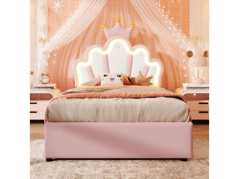  Lit coffre jeune 90x200 cm avec tête de lit réglable, led et moulures couronnées, pu et mdf, rose, sans matelas  - Conforama W