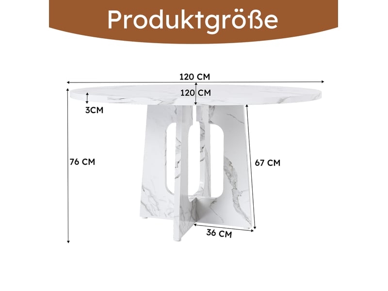  Table à manger ronde, 120x76 cm, pour 4 à 6 personnes décor marbre, repas, salle à manger, pratique, mdf, coloris blanc  - Conforama C