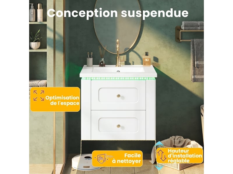  Meuble salle de bain suspendu 61 cm blanc brillant avec vasque et led, 2 tiroirs  - Conforama E