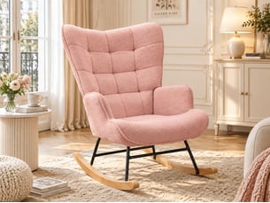 Pink teddy bear plush rocking chair, square tufted high-backed cushioned rocking chair with wooden rocking rod, suitable for bedroom, nursery, and living room.