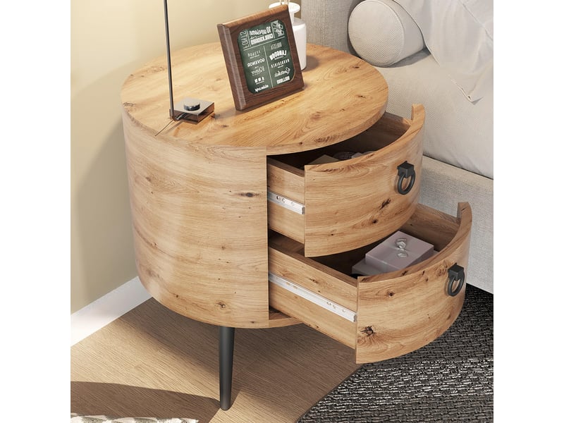  Table d'appoint ronde 2 tiroirs, bout canapé, table chevet, style mid-century, finition bois naturel, pieds métal, rangement salon PHO_346UMJ4V - Conforama C
