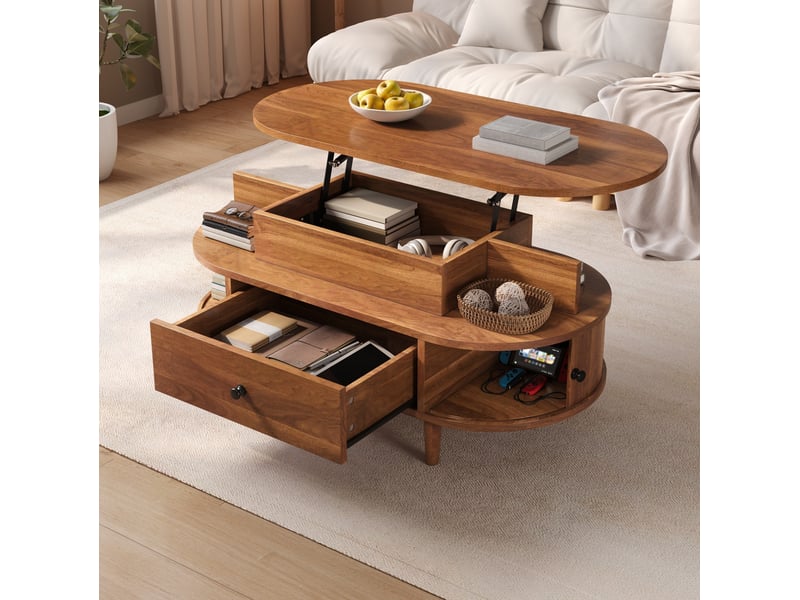  Table basse ovale relevable avec tiroir, 2 étagères ouvertes et 2 portes coulissantes, mdf noyer 105 × 50 × 60,5 cm  - Conforama D