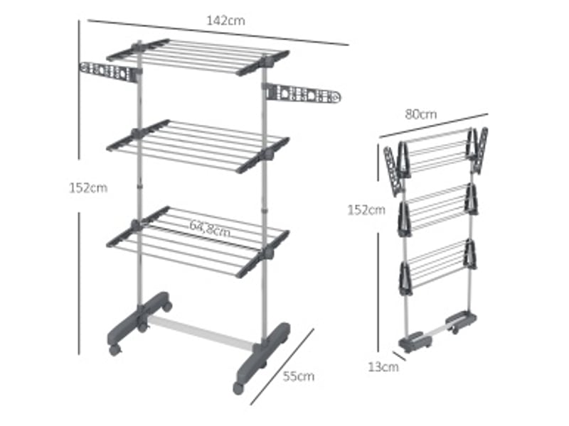 Séchoir à linge tour pliable 142x55x152 cm – gris – 3 niveaux avec roulettes et ailes latérales  - Conforama C