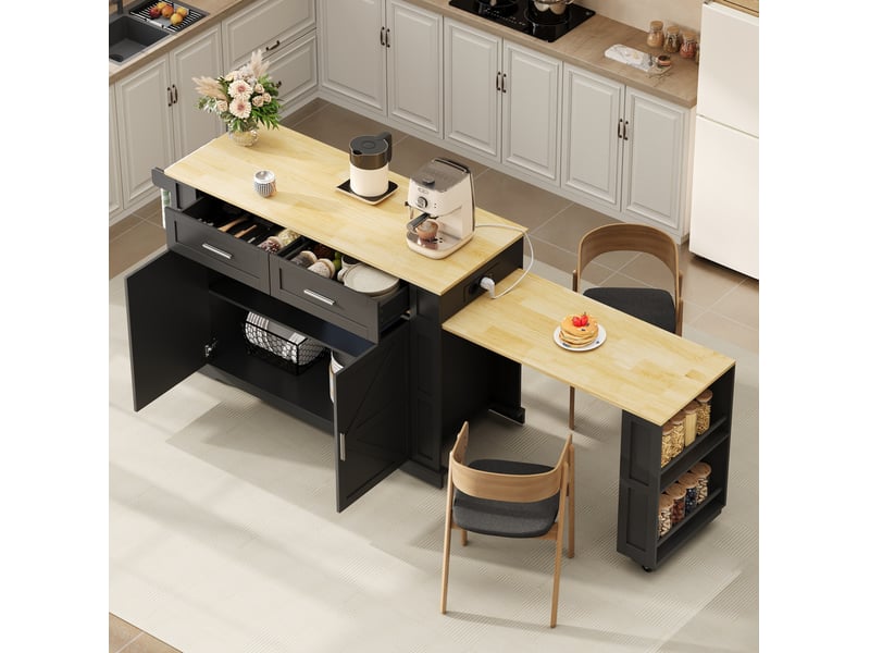 Îlot de cuisine extensible 130-205x50x93 cm, 2 tiroirs, meuble mobile, prises usb, mdf, noir et naturel, design moderne - Conforama B