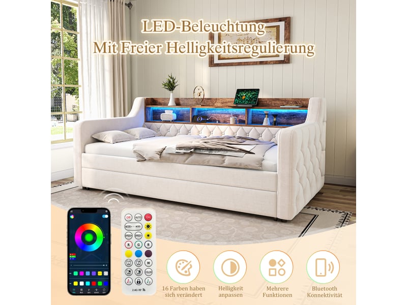  Canapé lit 90x190 cm en velours, lit gigogne capitonné avec coffre de rangement, led, usb-c et tête de lit avec étagère - beige  - Conforama C