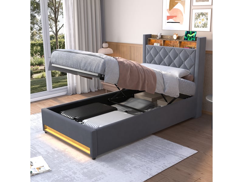  Lit coffre 90x190 cm, tête de lit capitonnée en losange et coffre hydraulique  - Conforama D