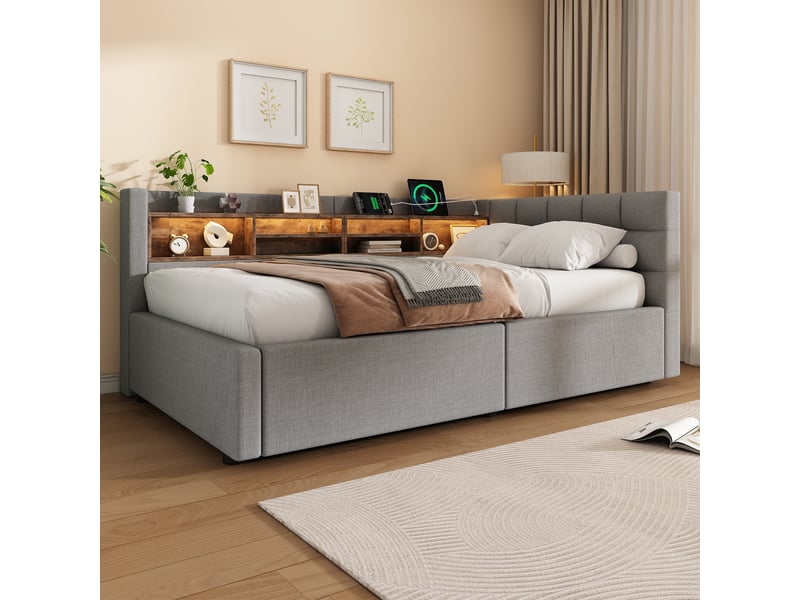 Lit coffre hydraulique 90x200 cm avec led dimmable, étagères, usb et tête réversible, tissu lin gris, sans matelas - Conforama W