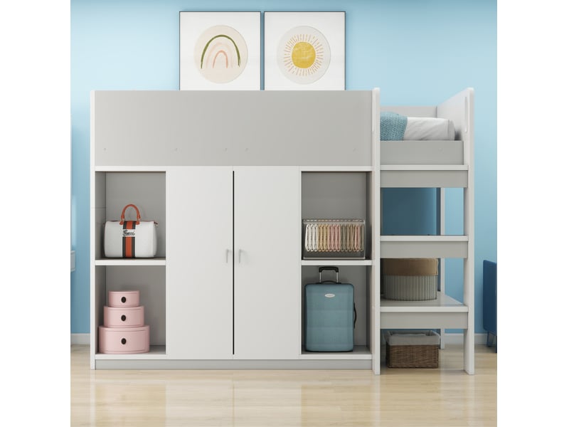 Lit mezzanine, 90x200 cm, échelle de sécurité, étagères, armoire, avec rangement, matelas non inclus, pin, coloris gris - Conforama D