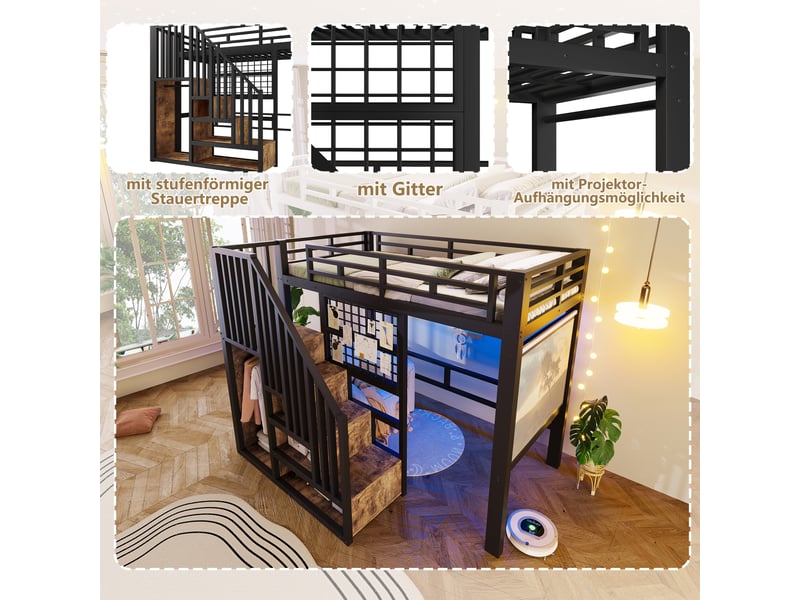  Lit mezzanine, 90 × 200 cm, noir, métal et mdf, éclairage led, rangements intégrés, barre suspendue, garde-corps, sans matelas  - Conforama D