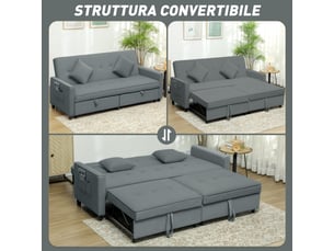 Canapé convertible 3 places canapé-lit clic-clac réversible avec dossier réglable et coussins, gris, 196 x 90 x 89 cm