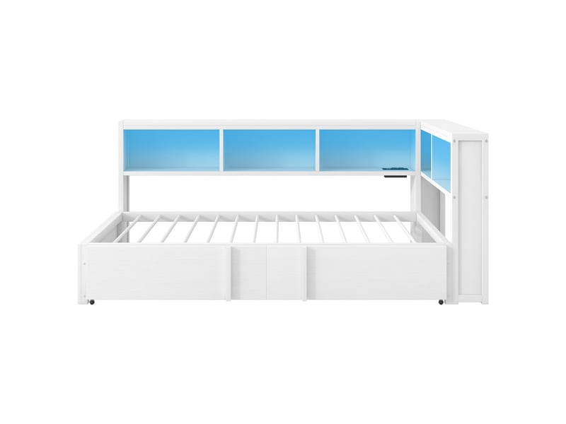 Lit gigogne 90x200 cm, rangements intégrés, led, prises et usb, métal blanc, sans matelas - Conforama D
