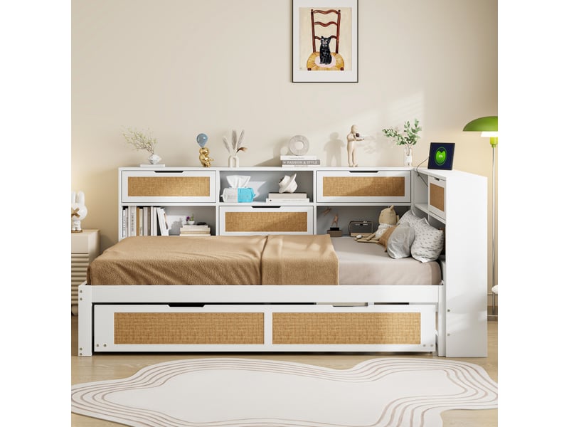  Canapé-lit en bois massif 140x200 cm avec lit gigogne, lit enfant avec port de recharge, blanc, lit double  - Conforama E