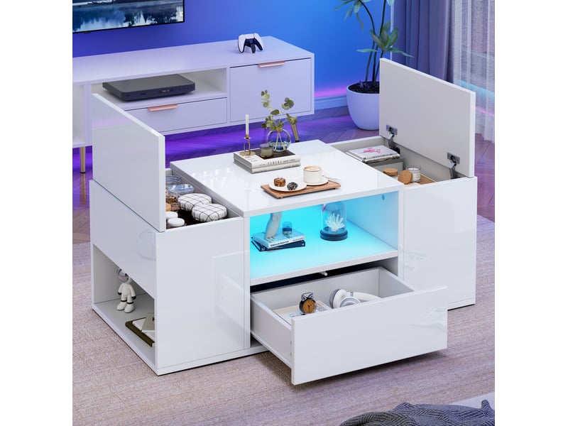  Table basse 100x50x40 cm blanche brillante avec led, tiroir et rangements  - Conforama D