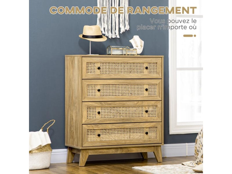  Commode 4 tiroirs meuble de rangement cannage en rotin aspect bois clair 80 x 35 x 95 cm  - Conforama D