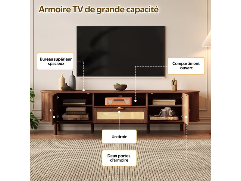  Meuble tv moderne 175 cm couleur noyer avec tiroirs et portes arrondies  - Conforama D