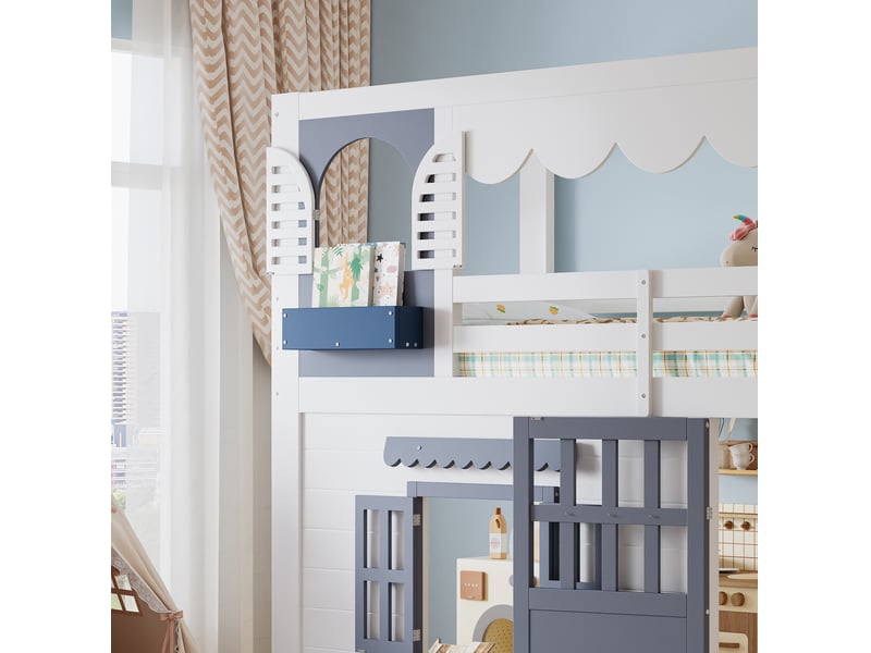  Lit enfant mi-hauteur 90x200 cm maison blanc et bleu, escalier de rangement, porte, fenêtres ouvrantes, sans matelas  - Conforama D