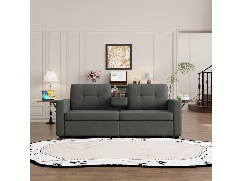  Fauteuil 2 place - 178x71x57.5 cm - canapé en tissu chenille avec ordinateur table, tiroirs et porte-gobelets - gris  - Conforama D