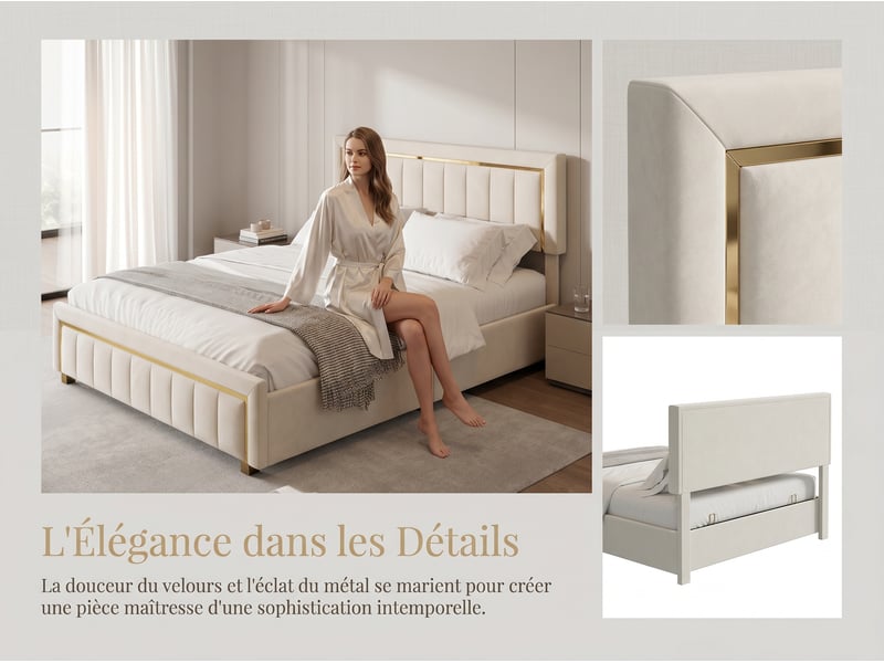  Lit coffre 160x200 - lit 2 places - avec lumière led -  beige (matelas non inclus)  - Conforama E