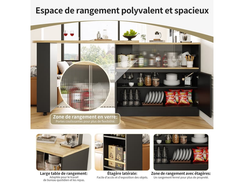  Table de bar pivotante à 360°, 90-120x45x100 cm avec étagère de rangement et porte coulissante en verre, noir  - Conforama D