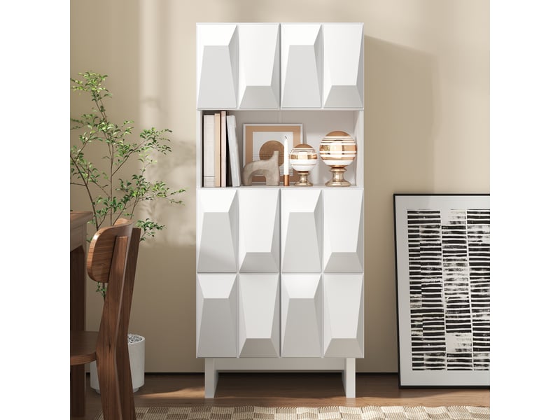  Vitrine 4 portes, niche ouverte et étagère réglable en panneaux de particules 60,5×34×135,5 cm blanche  - Conforama B