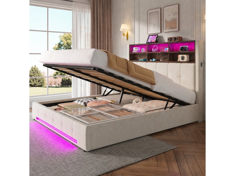  Lit coffre 160x200 en velours beige, ouverture hydraulique, tête de lit à 6 niches, usb-c et led  - Conforama B