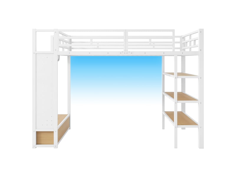 Lit mezzanine 140x200 cm en métal et mdf blanc avec led et rangement - Conforama D