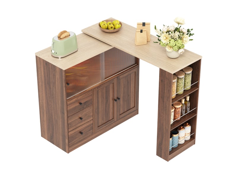 Îlot de cuisine table bar 172x40x96 cm - table pivotante à 360° - porte coulissante vitrée - tiroir et étagères latérales - mdf - bois naturel CozyNest - Conforama A