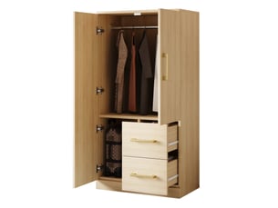 Armoire 2 portes avec 2 tiroirs et grand espace de rangement pour chambre d'enfant, bois naturel, 70 × 40 × 135 cm
