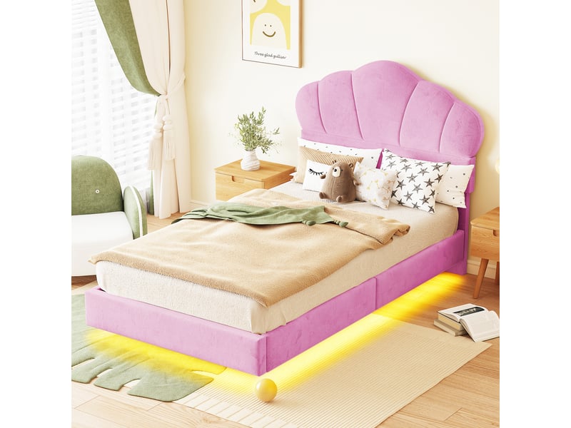  Lit enfant 90x200 cm, led, tête de lit et sommier, style moderne, velours rose, sans matelas  - Conforama W