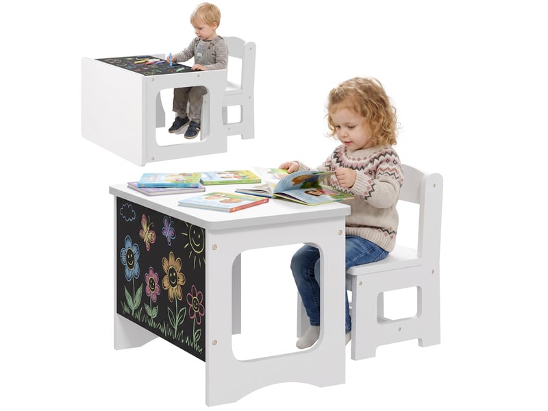 Ensemble table et chaises pour enfants avec plateau réversible, table et chaises avec ardoise à dessin pour enfants de 3 à 6 ans, blanc - Conforama A