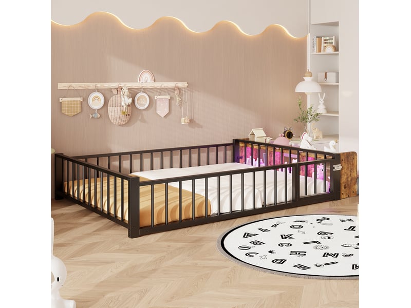  Lit enfant 140 x 200 cm en métal noir avec rangement ouvert, led et barrière  - Conforama E