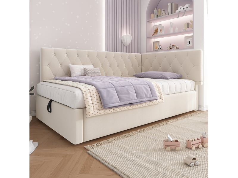  Modenvie lit banquette 90x200 cm - rangement hydraulique, tête de lit réversible, sans matelas - beige  - Conforama D